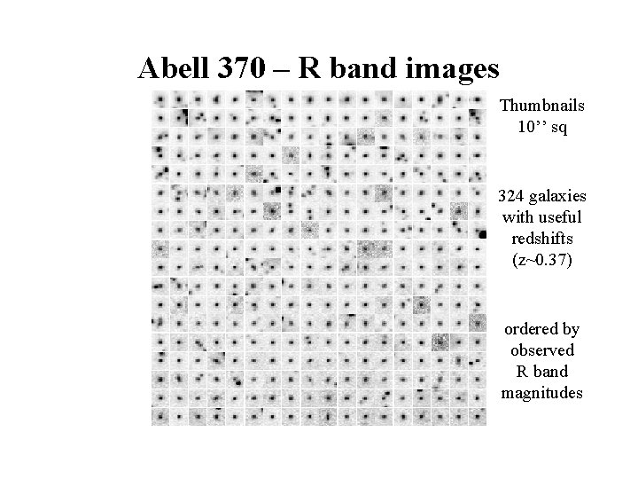 Abell 370 – R band images Thumbnails 10’’ sq 324 galaxies with useful redshifts