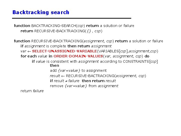 Backtracking search function BACKTRACKING-SEARCH(csp) return a solution or failure return RECURSIVE-BACKTRACKING({} , csp) function