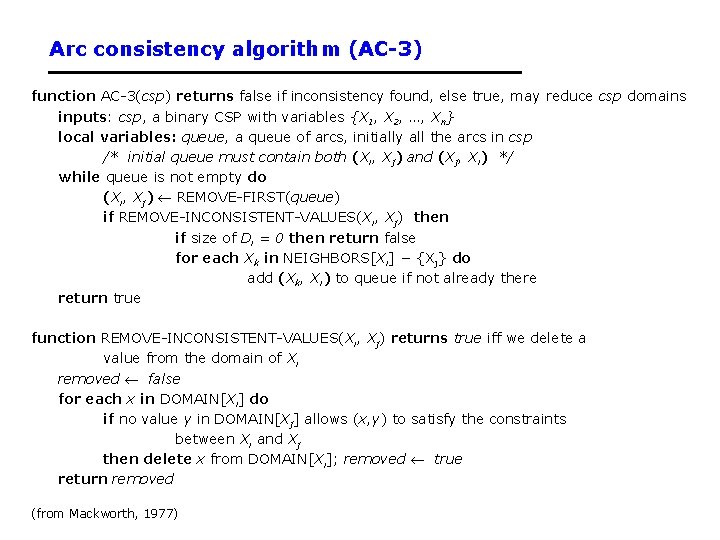 Arc consistency algorithm (AC-3) function AC-3(csp) returns false if inconsistency found, else true, may