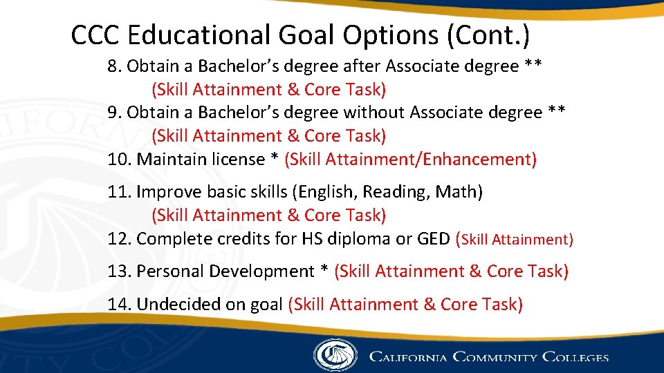 CCC Educational Goal Options (Cont. ) 8. Obtain a Bachelor’s degree after Associate degree