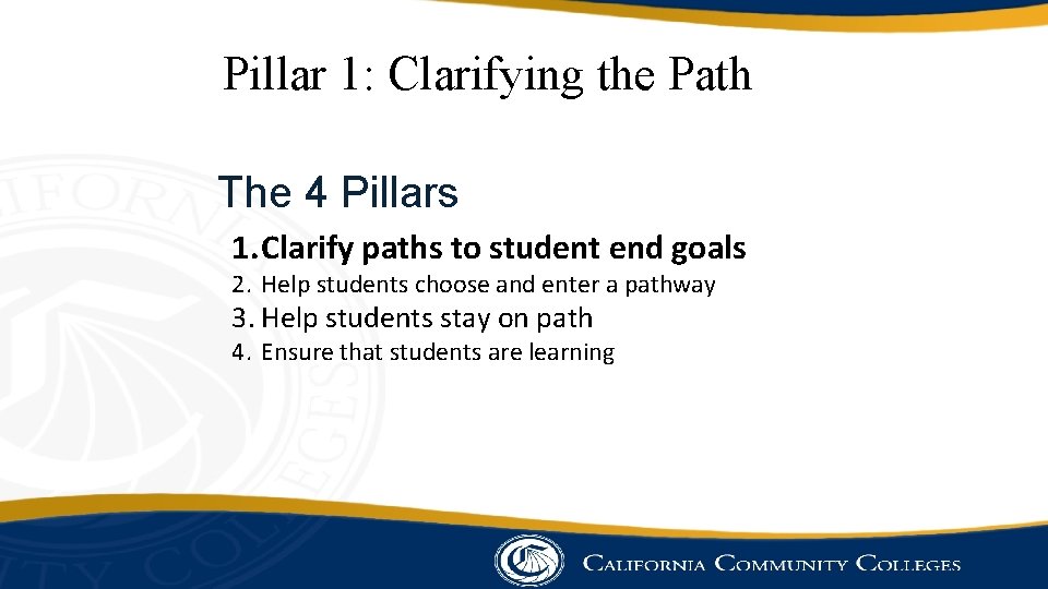 Pillar 1: Clarifying the Path The 4 Pillars 1. Clarify paths to student end