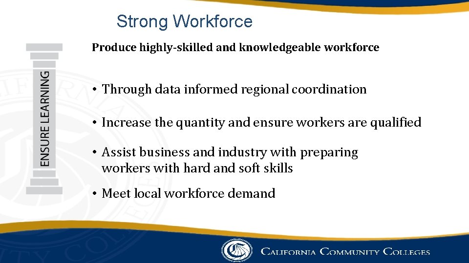 Strong Workforce Produce highly-skilled and knowledgeable workforce • Through data informed regional coordination •