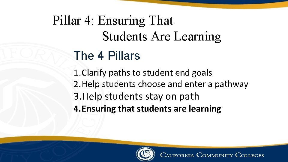 Pillar 4: Ensuring That Students Are Learning The 4 Pillars 1. Clarify paths to