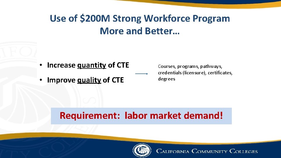 Use of $200 M Strong Workforce Program More and Better… • Increase quantity of