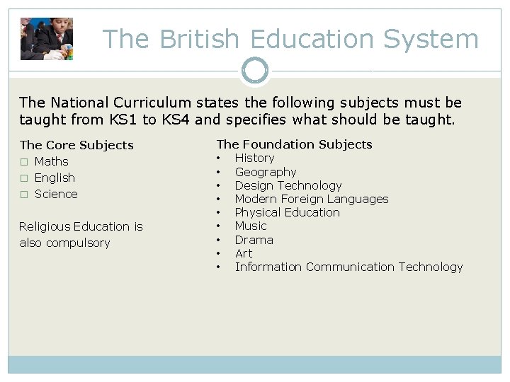 The British Education System The National Curriculum states the following subjects must be taught