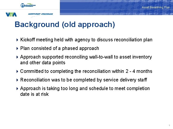Asset Baselining Plan Background (old approach) 4 Kickoff meeting held with agency to discuss