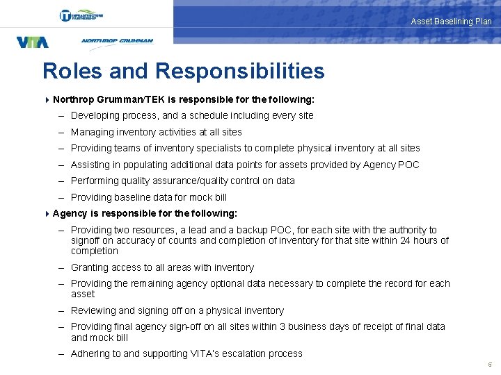 Asset Baselining Plan Roles and Responsibilities 4 Northrop Grumman/TEK is responsible for the following: