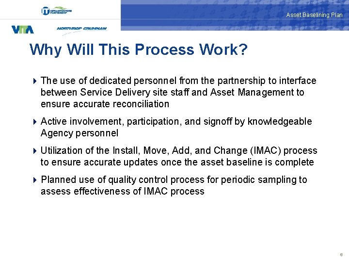 Asset Baselining Plan Why Will This Process Work? 4 The use of dedicated personnel