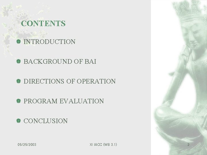 CONTENTS | INTRODUCTION | BACKGROUND OF BAI | DIRECTIONS OF OPERATION | PROGRAM EVALUATION
