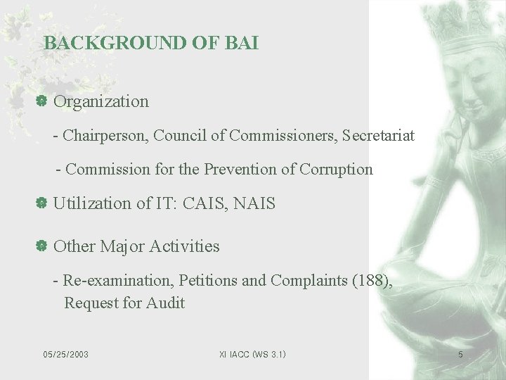 BACKGROUND OF BAI | Organization - Chairperson, Council of Commissioners, Secretariat - Commission for