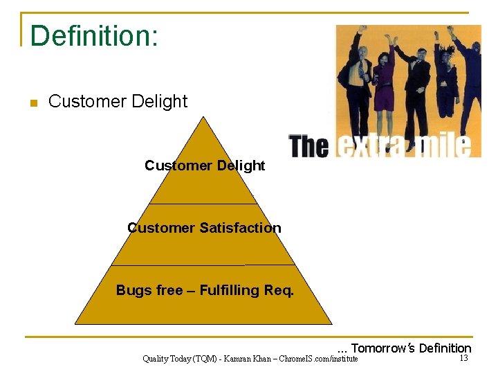 Definition: n Customer Delight Customer Satisfaction Bugs free – Fulfilling Req. … Tomorrow’s Definition