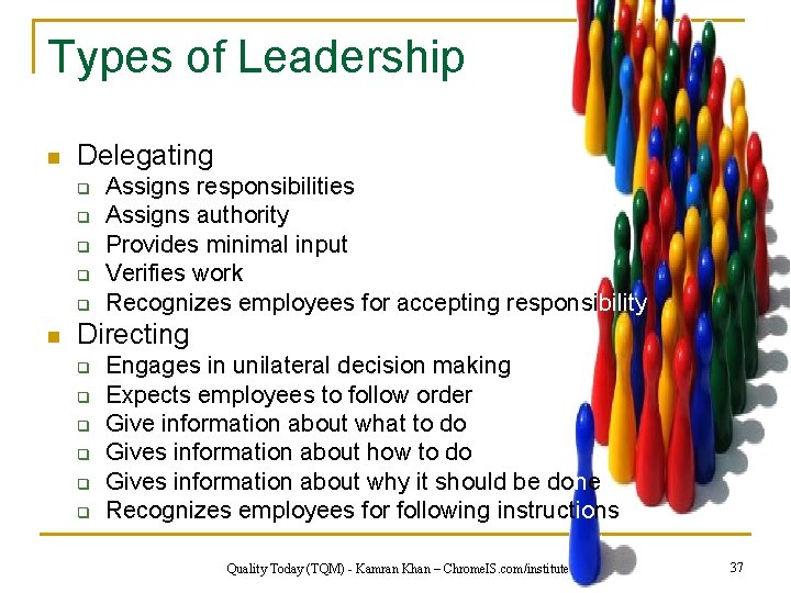 Types of Leadership n Delegating q q q n Assigns responsibilities Assigns authority Provides
