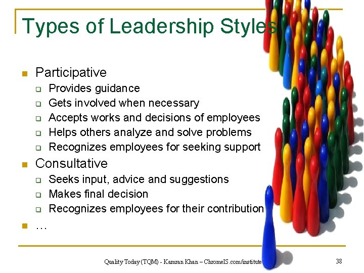 Types of Leadership Styles n Participative q q q n Consultative q q q