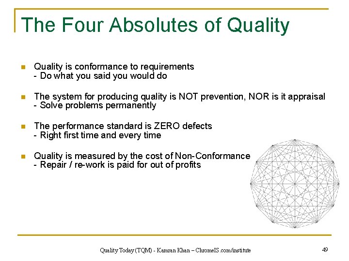 The Four Absolutes of Quality n Quality is conformance to requirements - Do what