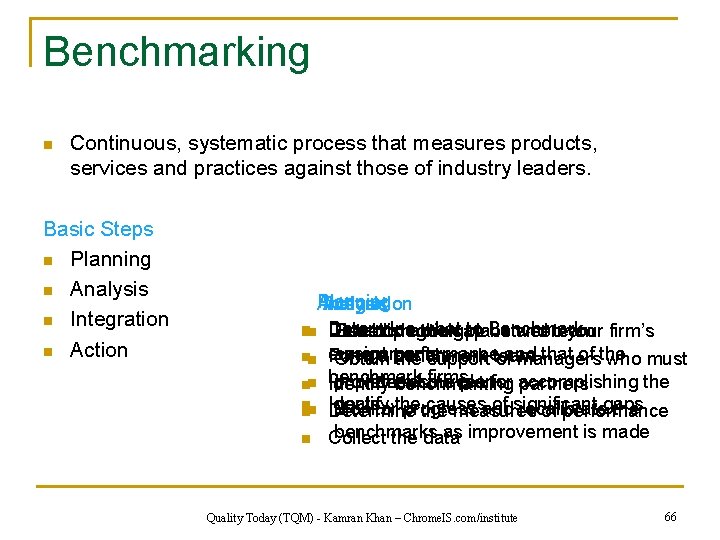 Benchmarking n Continuous, systematic process that measures products, services and practices against those of