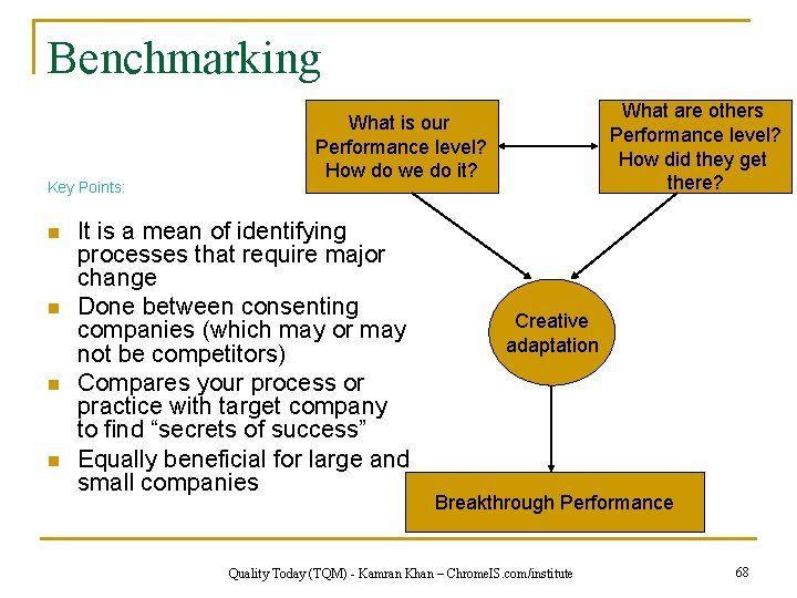 Benchmarking Key Points: n n What are others Performance level? How did they get
