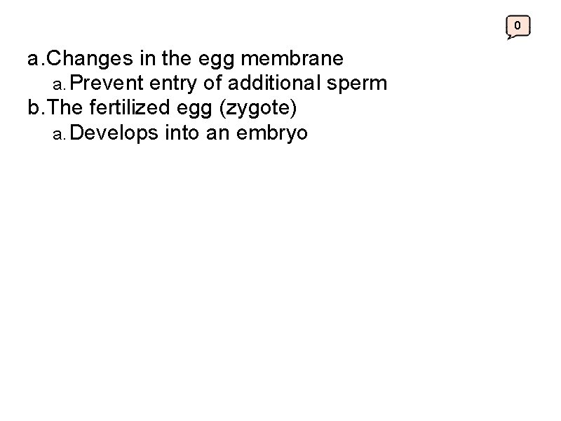0 a. Changes in the egg membrane a. Prevent entry of additional sperm b.