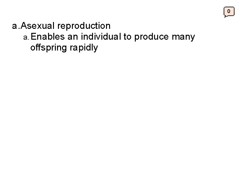 0 a. Asexual reproduction a. Enables an individual to produce many offspring rapidly 