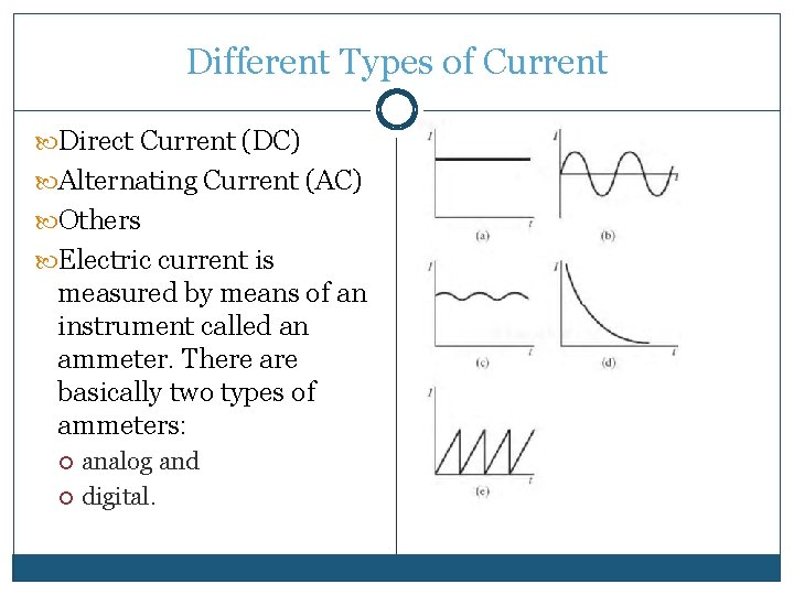 Different Types of Current Direct Current (DC) Alternating Current (AC) Others Electric current is
