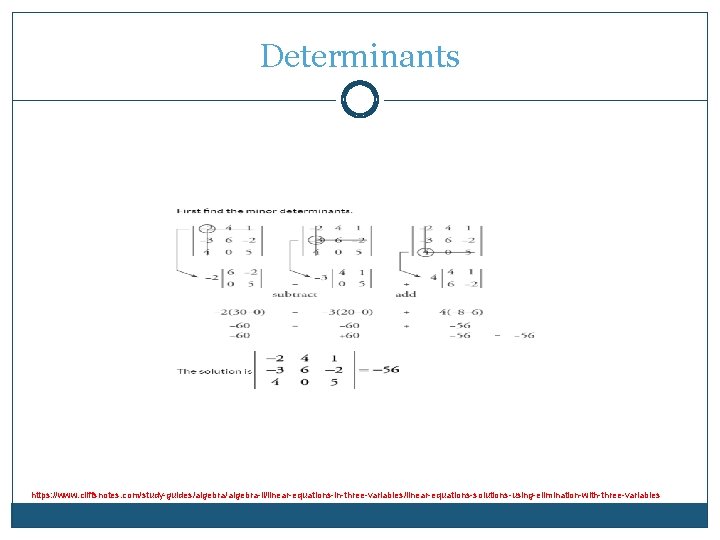 Determinants https: //www. cliffsnotes. com/study-guides/algebra-ii/linear-equations-in-three-variables/linear-equations-solutions-using-elimination-with-three-variables 