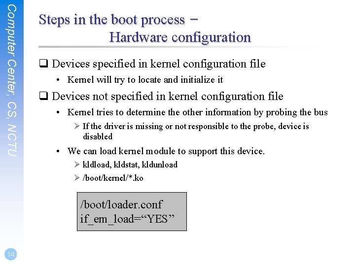 Computer Center, CS, NCTU Steps in the boot process – Hardware configuration q Devices