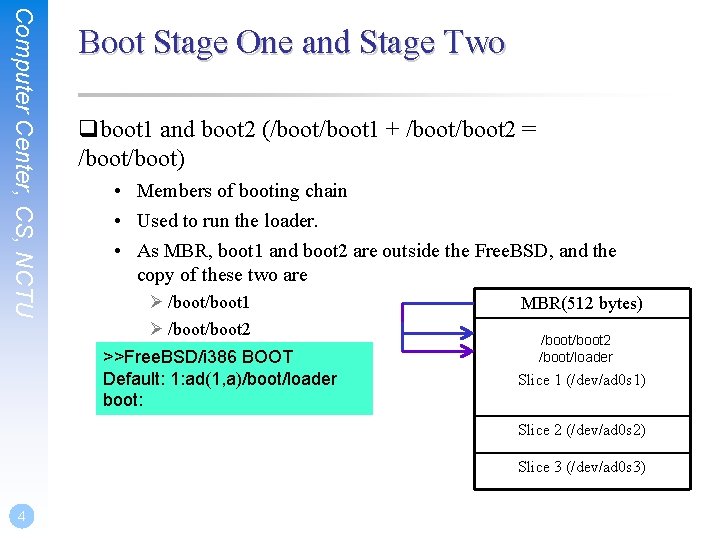 Computer Center, CS, NCTU Boot Stage One and Stage Two qboot 1 and boot