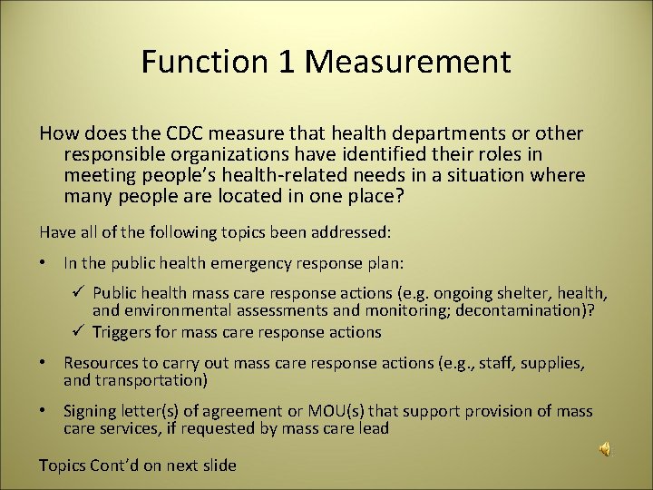 Function 1 Measurement How does the CDC measure that health departments or other responsible