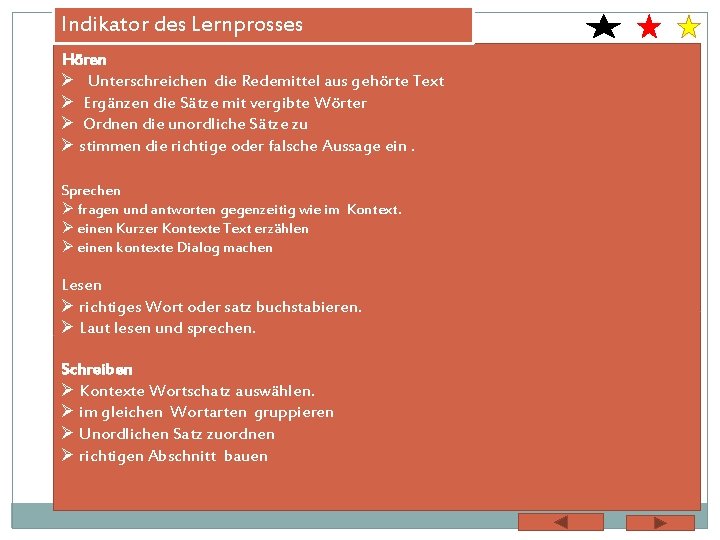 Indikator des Lernprosses Hören Ø Unterschreichen die Redemittel aus gehörte Text Ø Ergänzen die