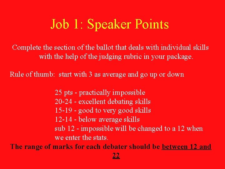 Job 1: Speaker Points Complete the section of the ballot that deals with individual