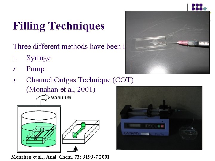 Filling Techniques Three different methods have been investigated: 1. Syringe 2. Pump 3. Channel