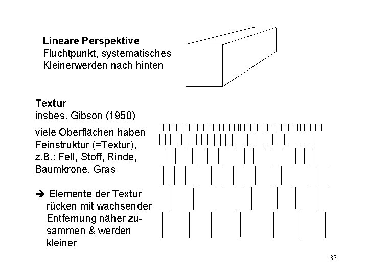 Lineare Perspektive Fluchtpunkt, systematisches Kleinerwerden nach hinten Textur insbes. Gibson (1950) viele Oberflächen haben