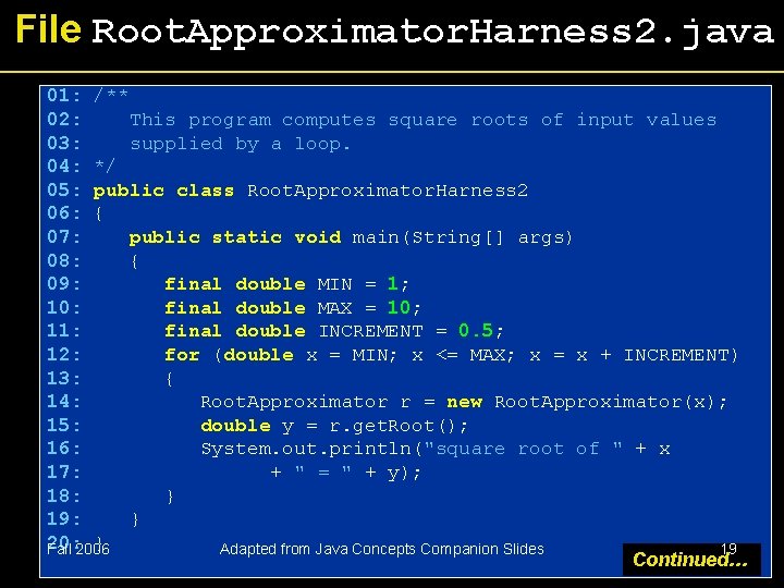 File Root. Approximator. Harness 2. java 01: /** 02: This program computes square roots