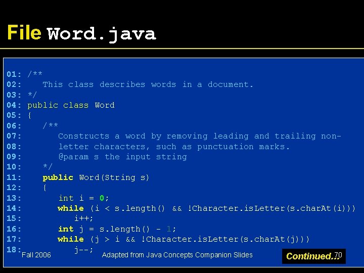 File Word. java 01: /** 02: This class describes words in a document. 03: