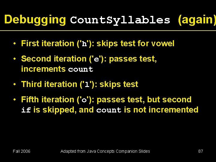 Debugging Count. Syllables (again) • First iteration ('h'): skips test for vowel • Second