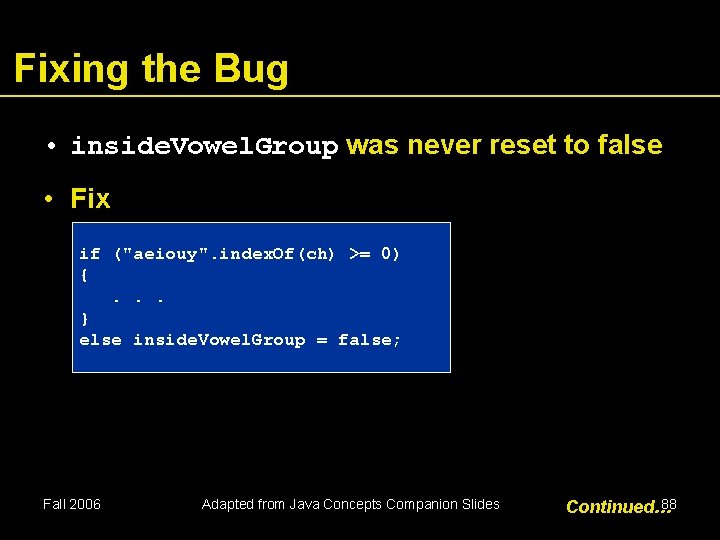 Fixing the Bug • inside. Vowel. Group was never reset to false • Fix