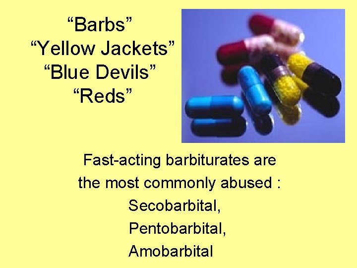 “Barbs” “Yellow Jackets” “Blue Devils” “Reds” Fast-acting barbiturates are the most commonly abused :