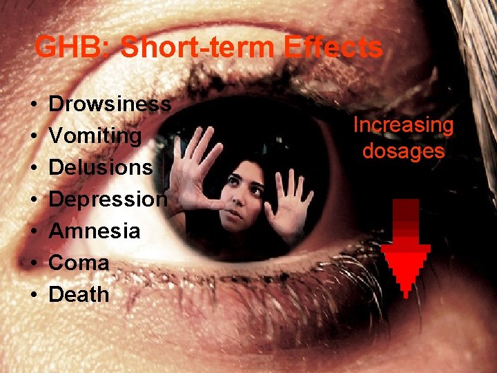 GHB: Short-term Effects • • Drowsiness Vomiting Delusions Depression Amnesia Coma Death Increasing dosages