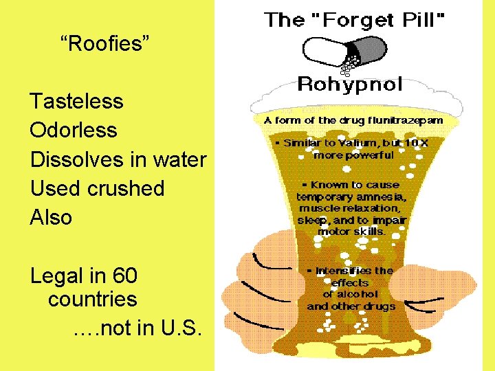 “Roofies” Tasteless Odorless Dissolves in water Used crushed Also Legal in 60 countries ….
