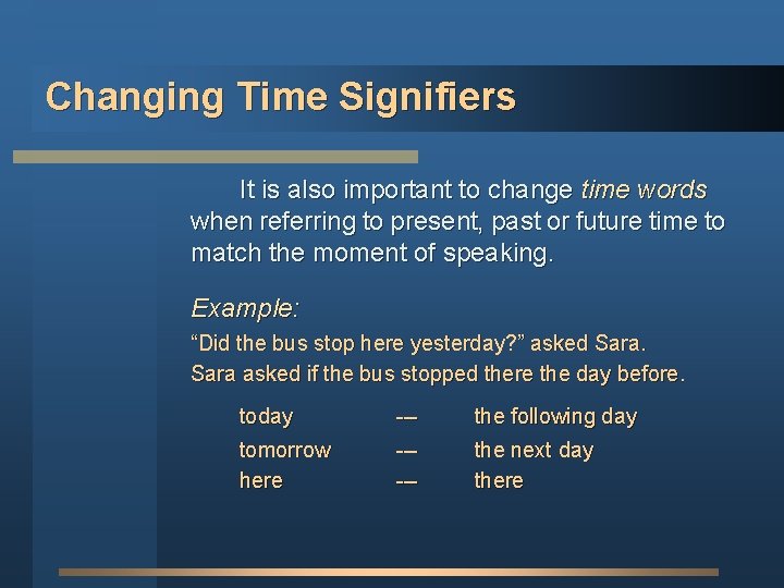 Changing Time Signifiers It is also important to change time words when referring to