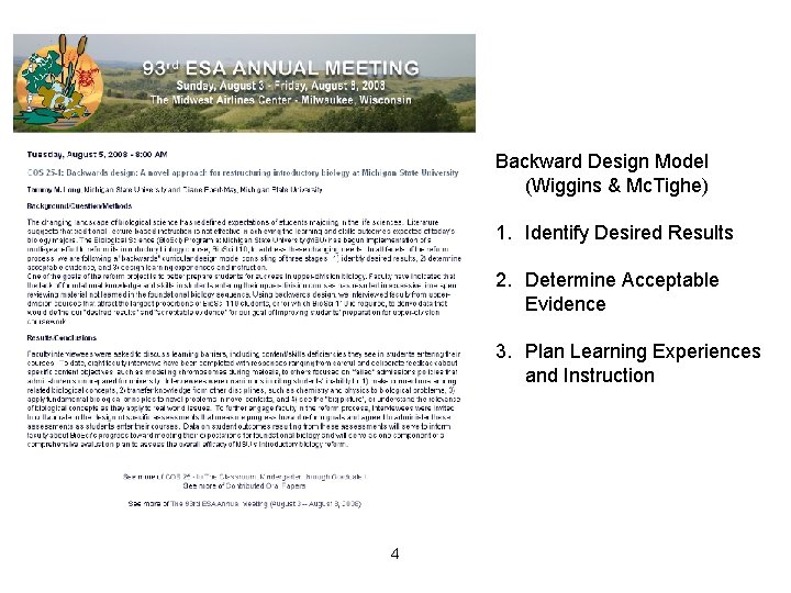 Backward Design Model (Wiggins & Mc. Tighe) 1. Identify Desired Results 2. Determine Acceptable