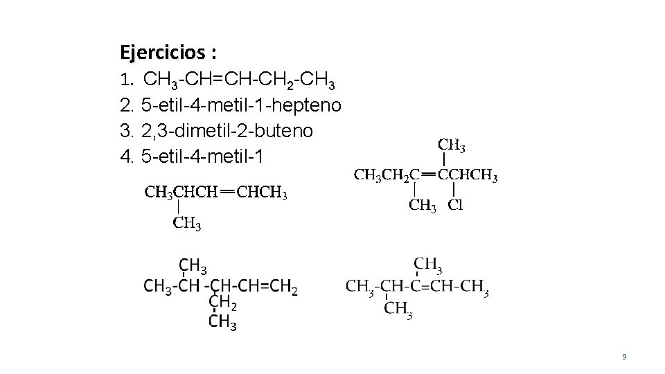 Ejercicios : 1. CH 3 -CH=CH-CH 2 -CH 3 2. 5 -etil-4 -metil-1 -hepteno