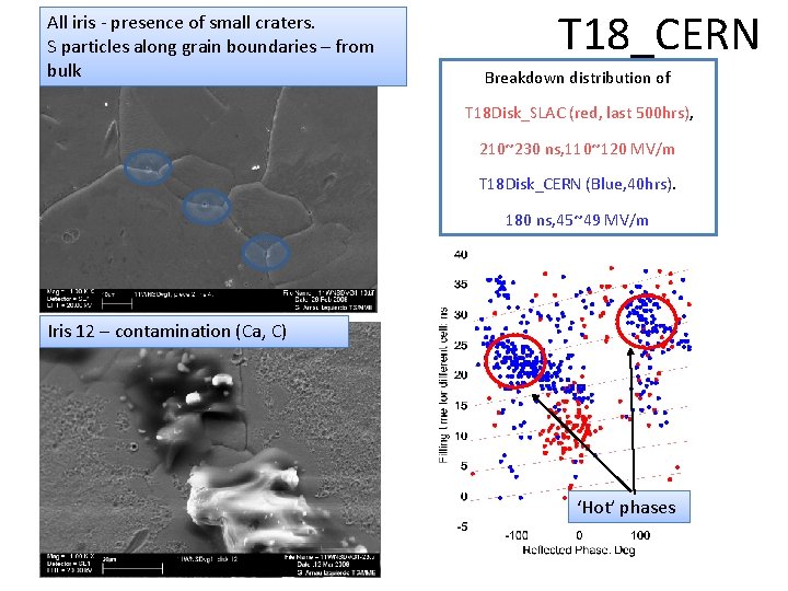 All iris - presence of small craters. S particles along grain boundaries – from