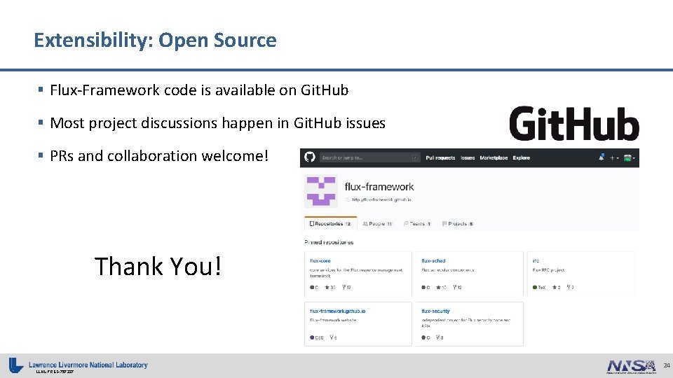 Extensibility: Open Source § Flux-Framework code is available on Git. Hub § Most project