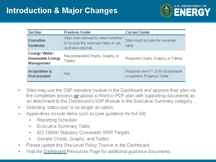Introduction & Major Changes • • • Section Previous Guide Current Guide Executive Summary