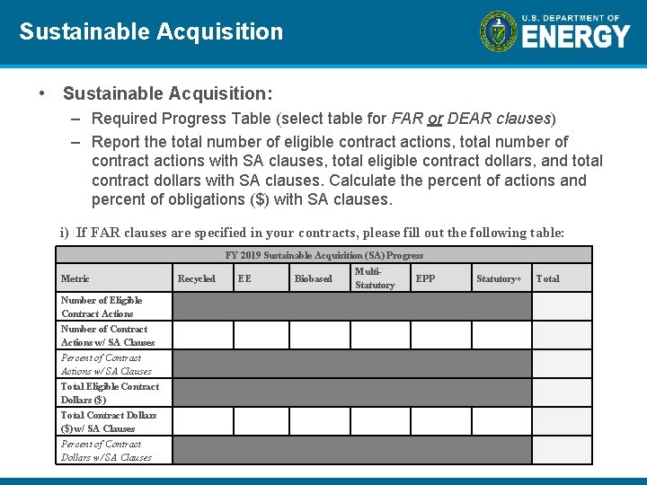 Sustainable Acquisition • Sustainable Acquisition: – Required Progress Table (select table for FAR or