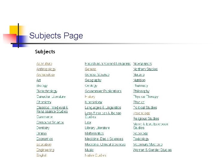 Subjects Page 