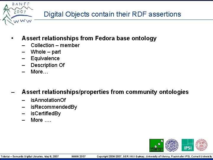 Digital Objects contain their RDF assertions • Assert relationships from Fedora base ontology –