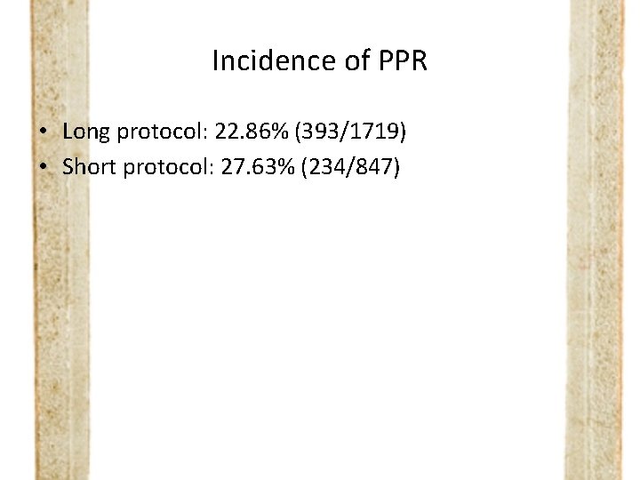 Incidence of PPR • Long protocol: 22. 86% (393/1719) • Short protocol: 27. 63%