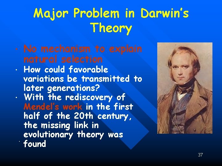 Major Problem in Darwin’s Theory No mechanism to explain natural selection • • •