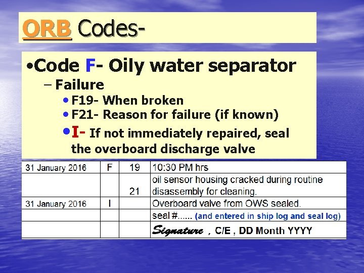 ORB Codes • Code F- Oily water separator – Failure • F 19 -